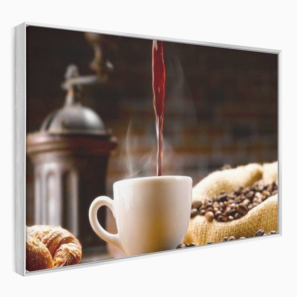 Tablou canvas cu tablou canvas cu ceasca de cafea si boabe, in rama de aluminiu argintiu